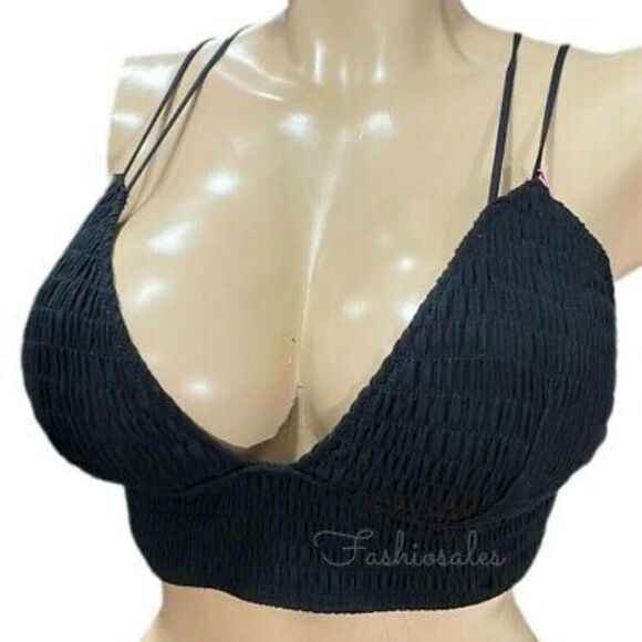 Victorias Secret Pink Smocked Triangle Lined Removable Padding Bralette Black - Picture 2 of 3